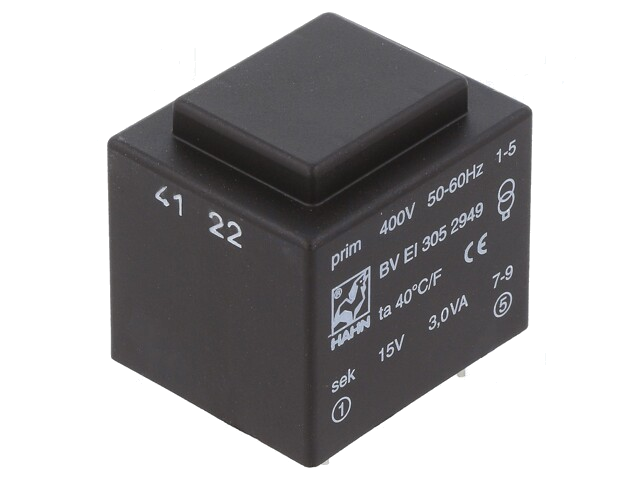 Transformator: ingegoten; 3VA; 400VAC; 15V; 200mA; PCB; BVEI Transformator: ingegoten; 3VA; 400VAC; 15V; 200mA; PCB; BVEI